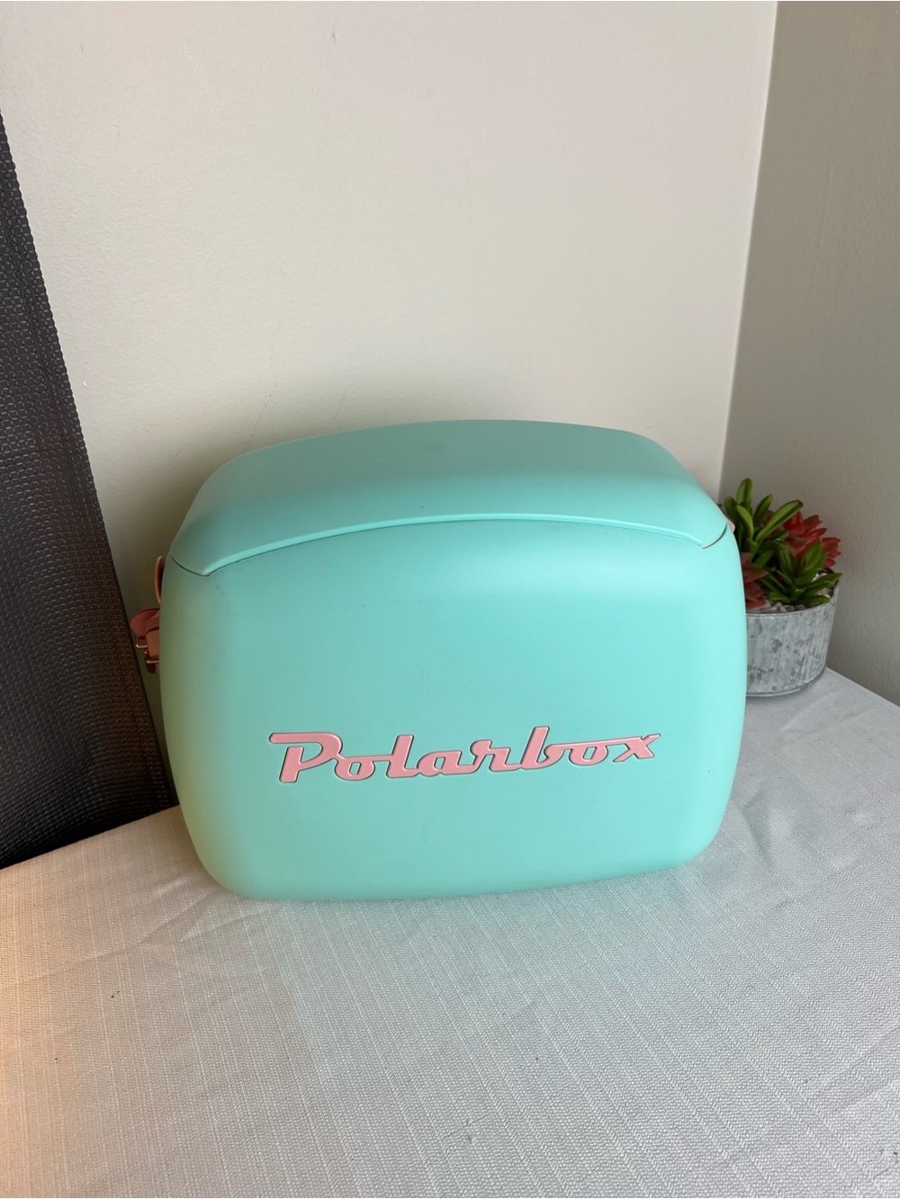 Polarbox Retro Mini Cooler in Cyan with Pink Strap and Logo